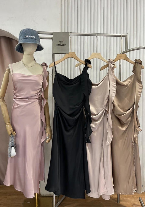 Satin Spaghetti Straps Side Slit Dress